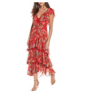 WAYF Chelsea Tiered Ruffle Maxi Floral Ruffle Dress Size S Red - NWT